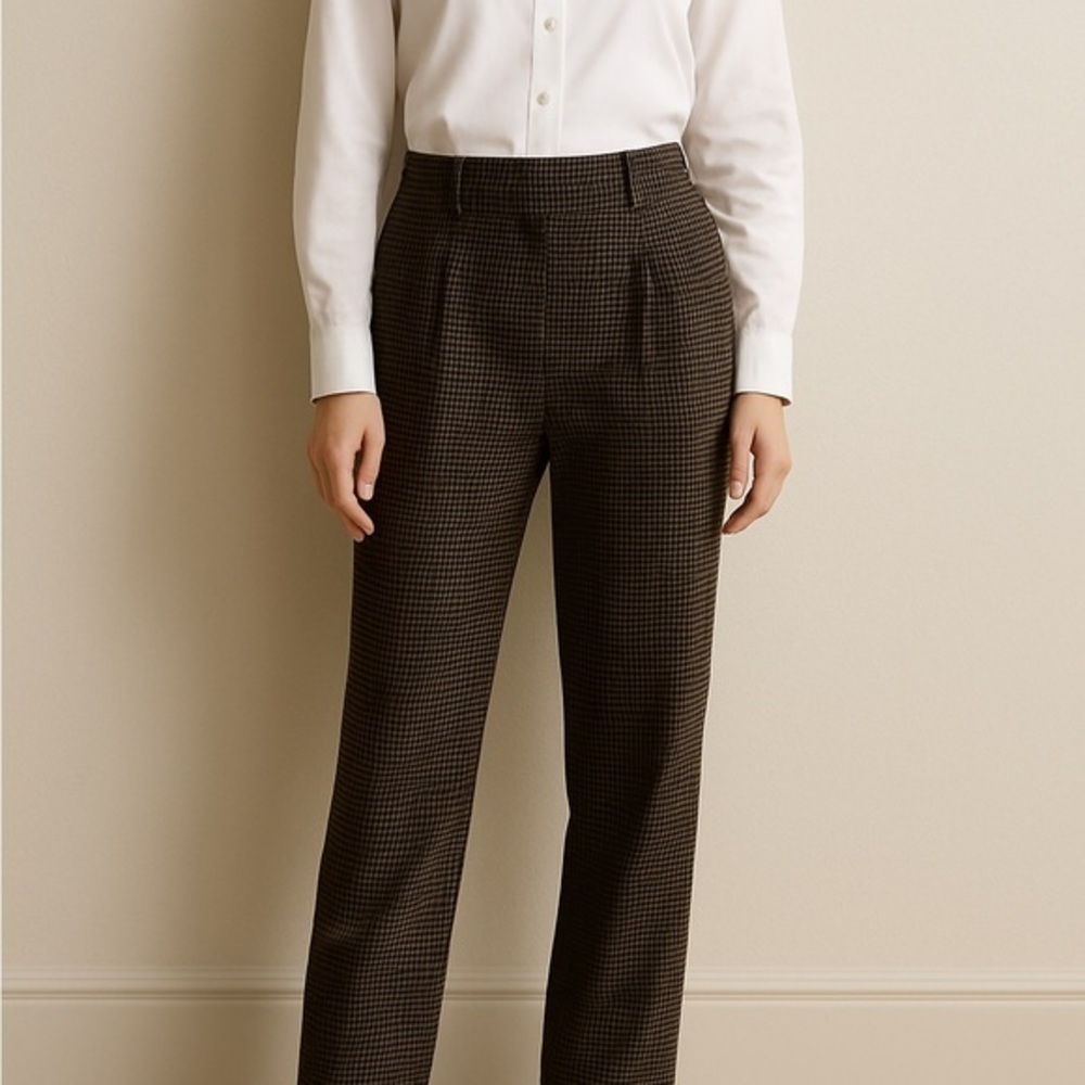 HM Brown Houndstooth Relaxed Fit Tailored Wool Blend Pants Trousers Womens 8 NEW
